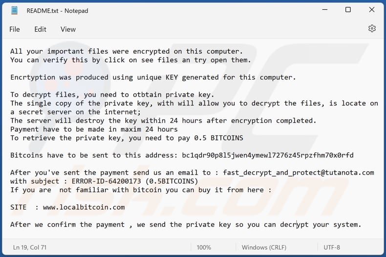 CryWiper ransomware tekstbestand (README.txt)