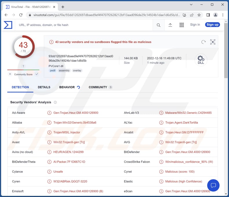 DarkTortilla malware gedetecteerd op VirusTotal