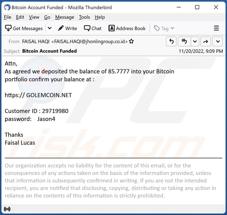 deposit into your bitcoin portfolio email scam deze variant