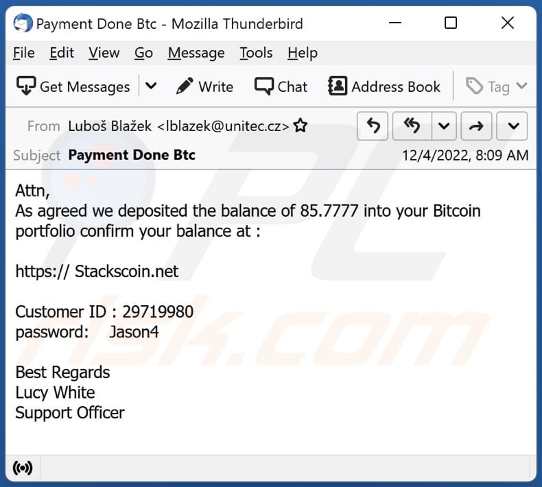 Deposit Into Your Bitcoin Portfolio scam email