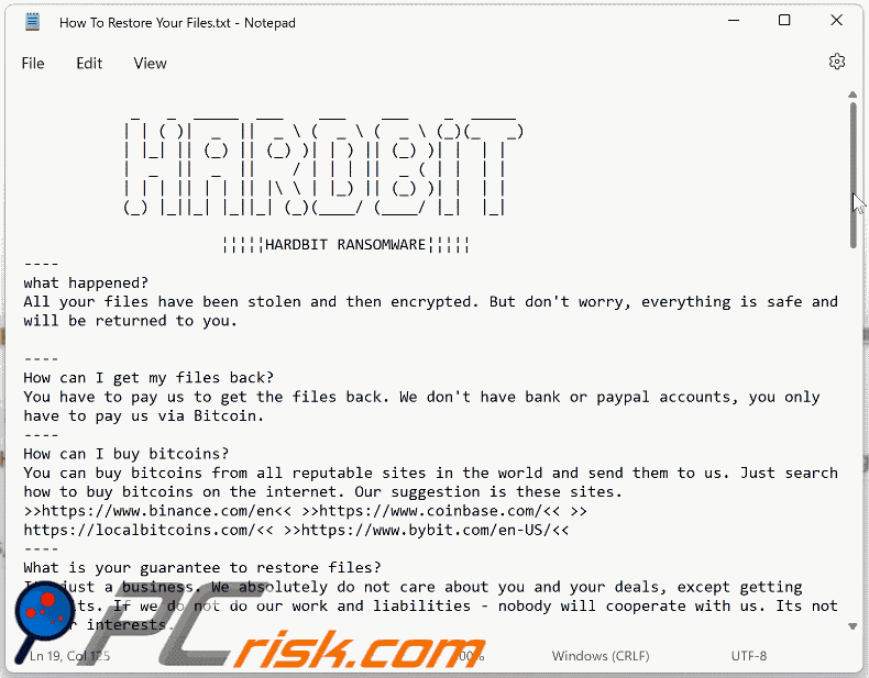 HARDBIT 2.0 Ransomware-tekstbestand (How To Restore Your Files.txt) uiterlijk