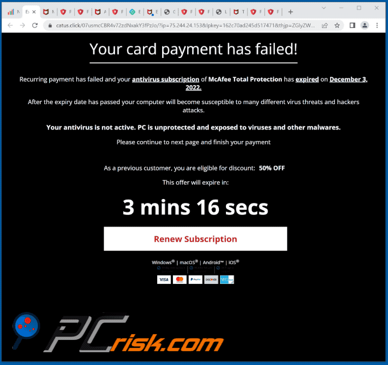 De verschijning van McAfee - Your Card Payment Has Failed! scam (GIF)