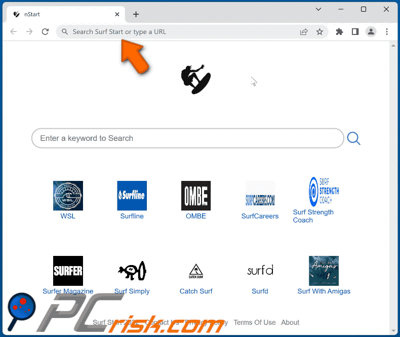 Surf Start browser hijacker redirecting to nearbyme.io (GIF)