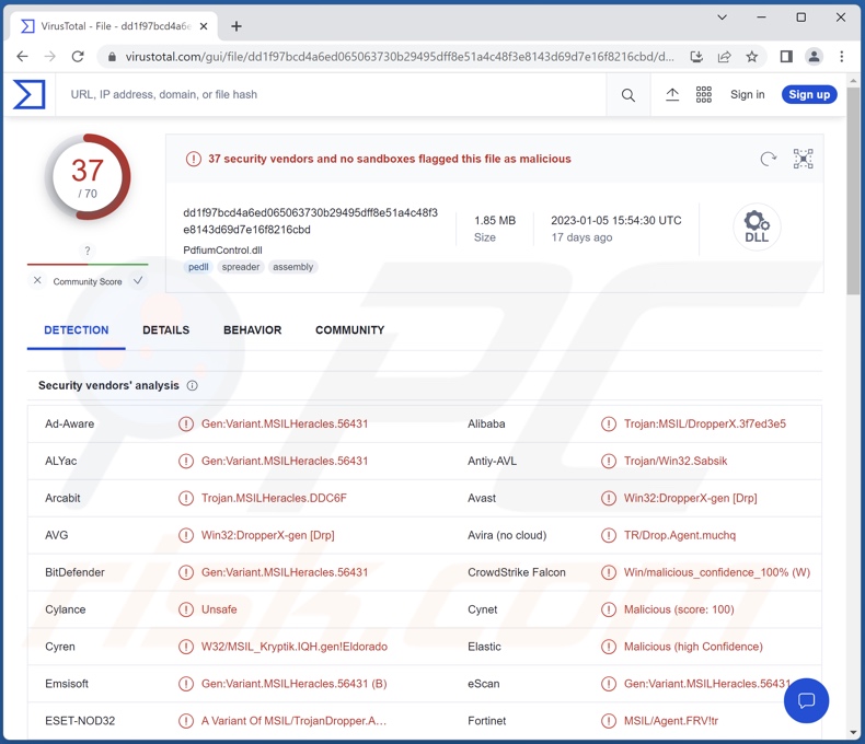 Album Stealer malware detecties op VirusTotal