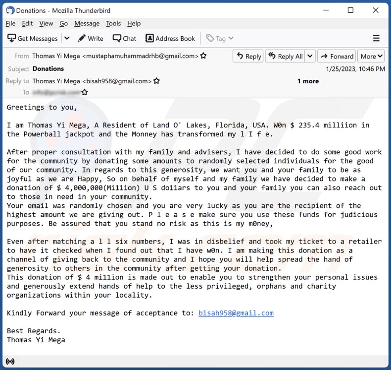 Donation From Lottery Winner scam email