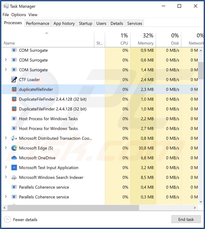 Duplicatefinder adware draait in taakbeheer als duplicatefinder