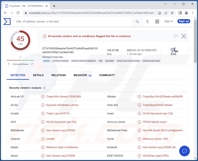 LummaC2 malware detecties aan VirusTotal