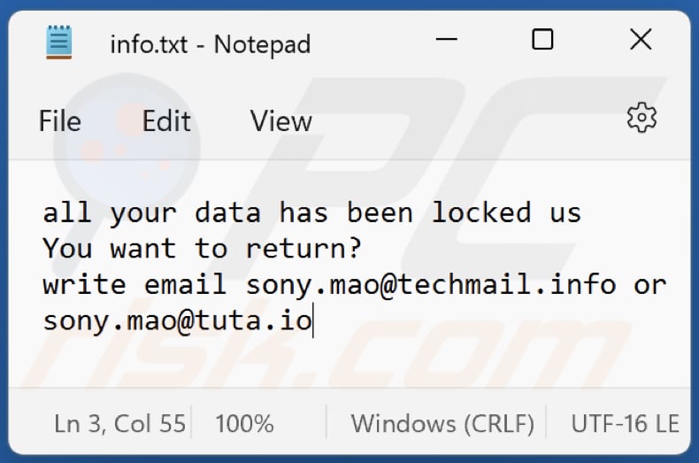 Mao ransomware txt file (info.txt)