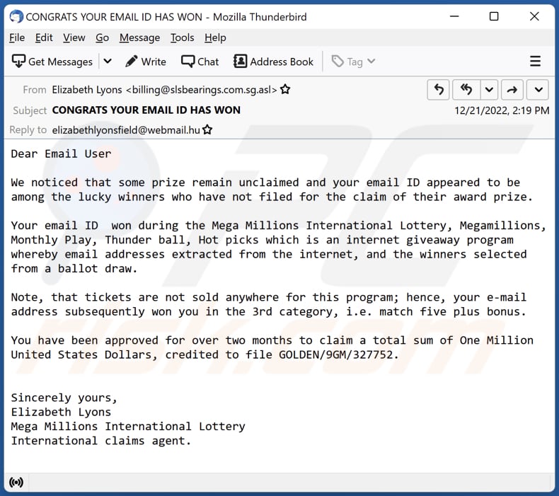 Mega Millions International Lottery scam email