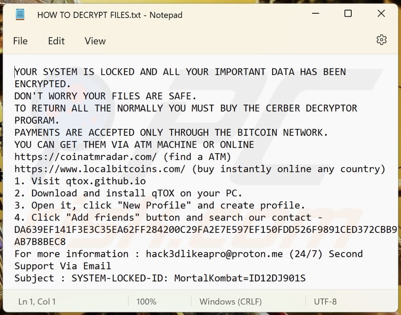 MortalKombat ransomware text file (HOW TO DECRYPT FILES.txt)