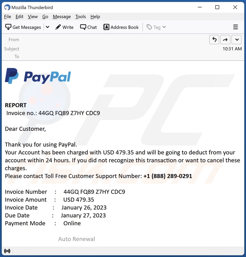 PayPal Account Has Been Charged email scam