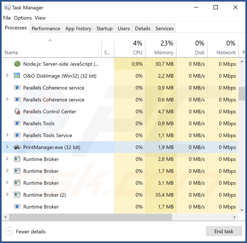 PrintManager malware proces in Taakbeheer (PrintManager.exe - proces naam)