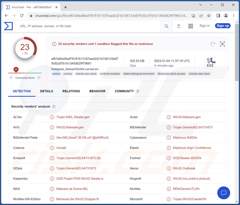 Rhadamanthys-malwaredetecties op VirusTotal