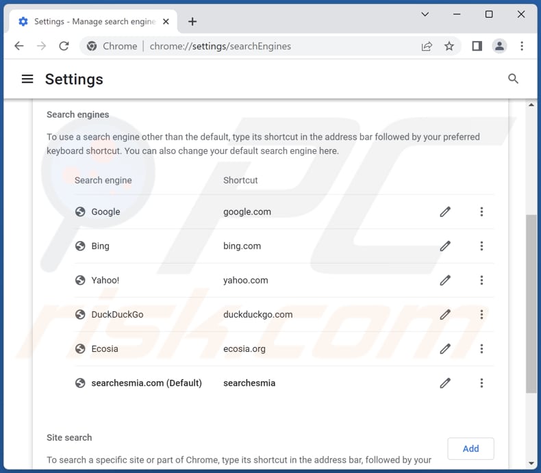 Removing searchesmia.com from Google Chrome default search engine