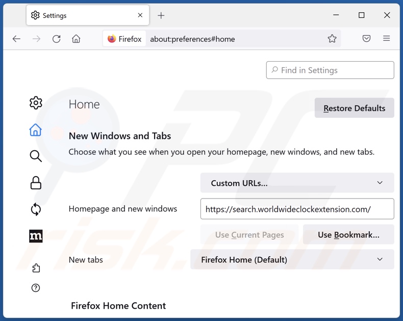 Search.worldwideclockextension.com verwijderen van de startpagina van Mozilla Firefox