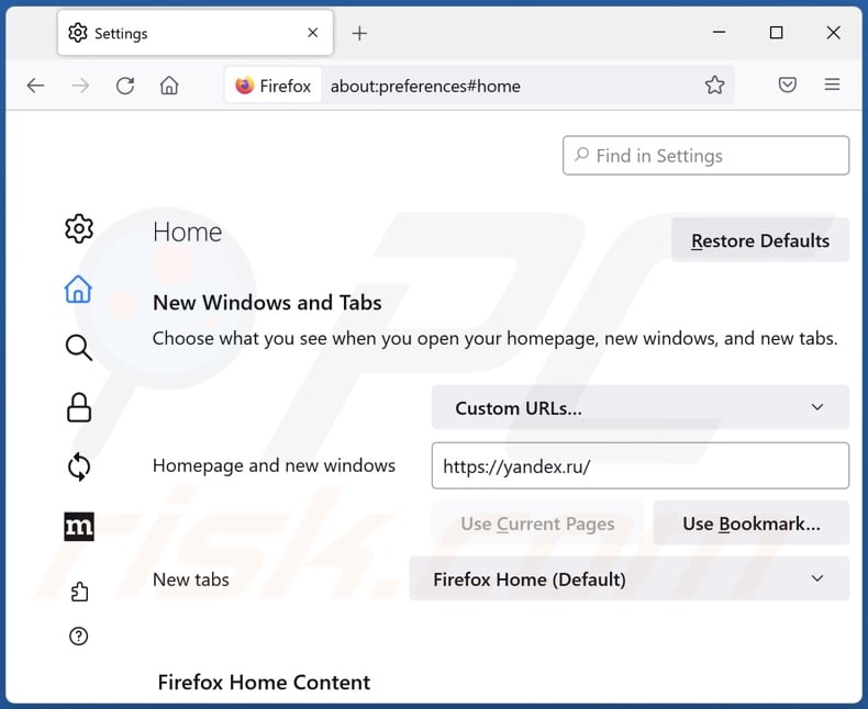 Yandex.ru verwijderen uit de startpagina van Mozilla Firefox