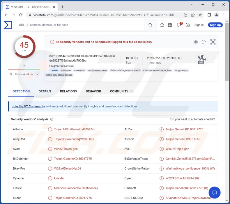 Enigma malware detections on VirusTotal