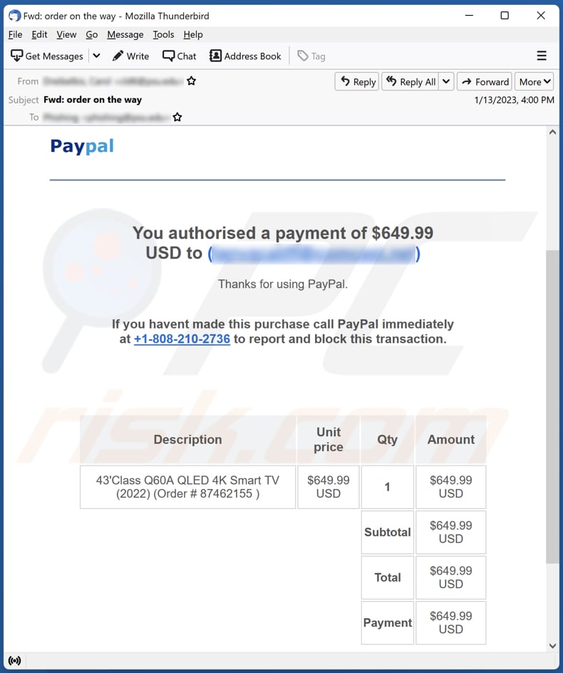 PayPal - You Authorised A Payment email spam campaigne