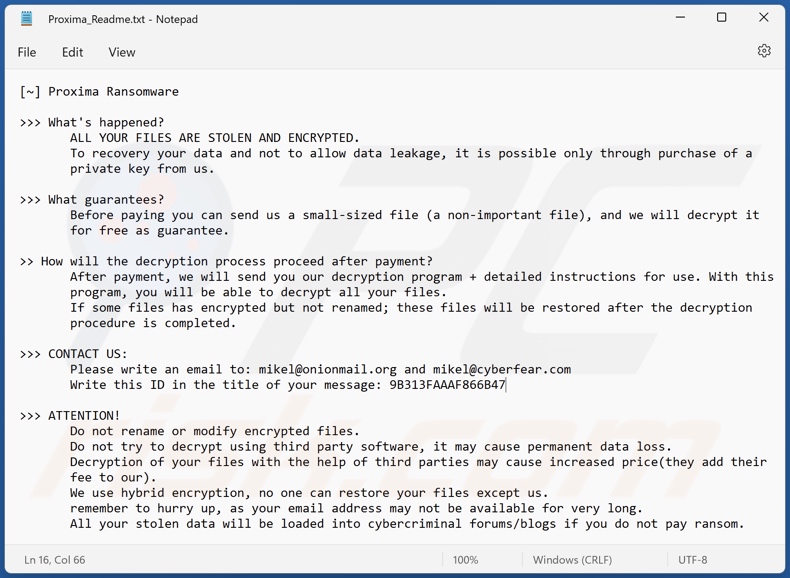 Proxima ransomware tekstbestand (Proxima_Readme.txt)