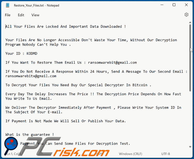 Ransomwarebit ransomware losgeldbrief (Restore_Your_Files.txt)
