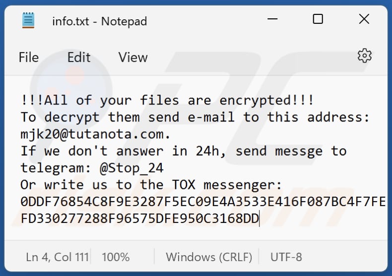 SHTORM ransomware txt file (info.txt)