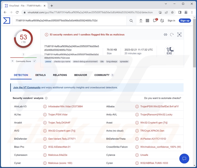 Stealc malware detecties op VirusTotal