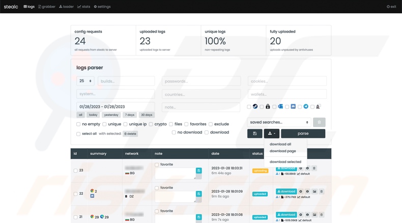 Stealc stealer web admin panel