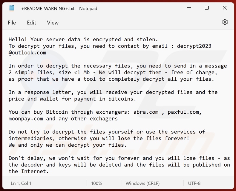 Stolen (Makop) ransomware losgeld brief (+README-WARNING+.txt)