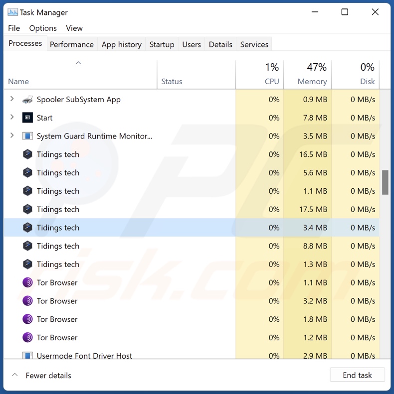 Tidings adware process on Task Manager (Tidings tech - process name)