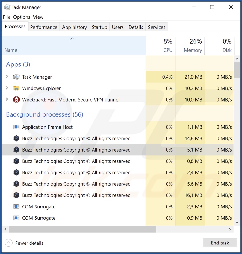 Buzz adware proces in Taakbeheer (Buzz Technologies Copyright (c) Alle rechten voorbehouden - procesnaam)