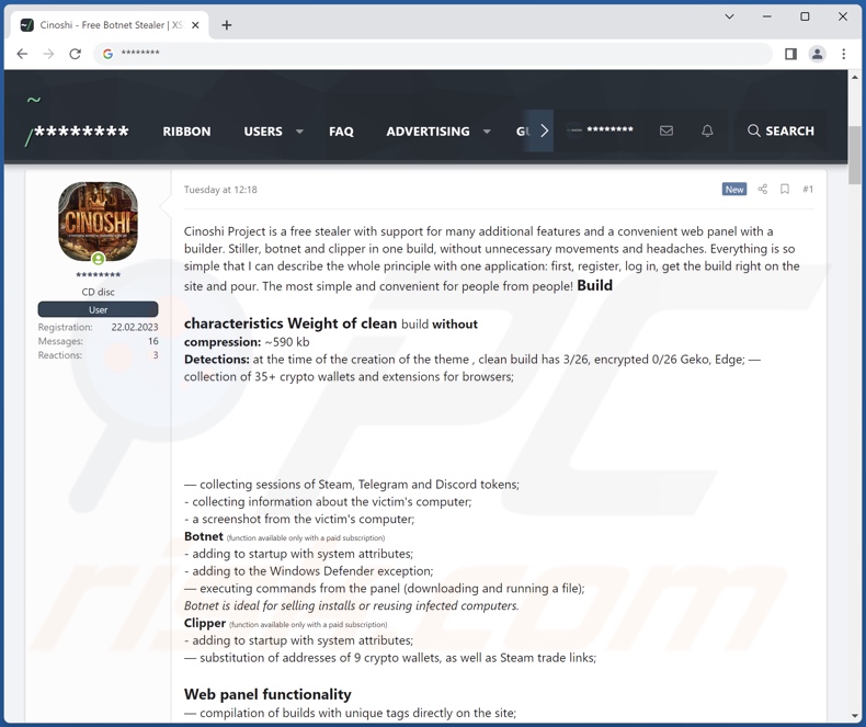 Cinoshi stealer malware online gepromoot