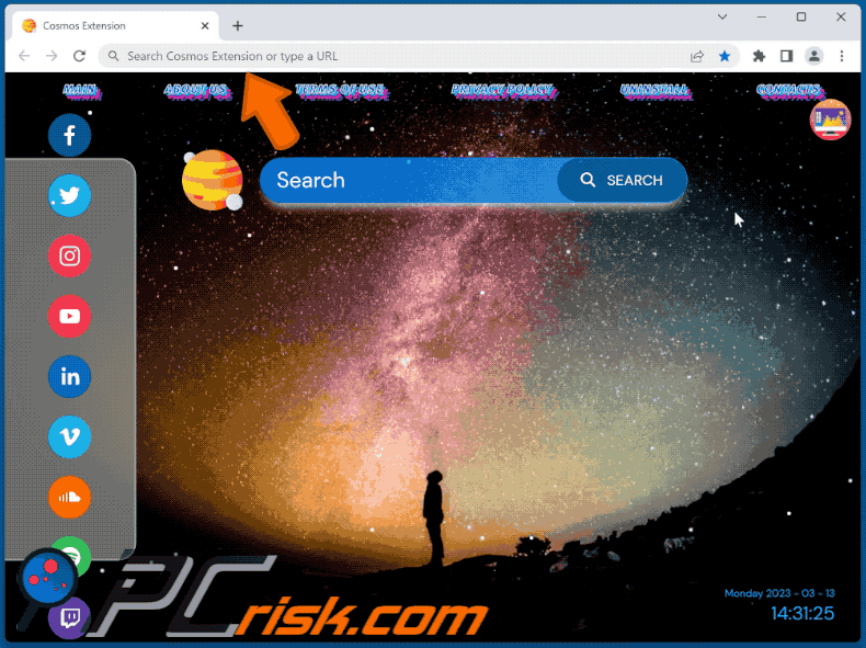 Cosmos Extension browser hijacker omleiden naar Bing (GIF)