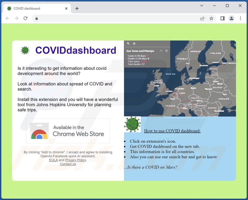 Website gebruikt om te promoten COVID Dashboard browser hijacker