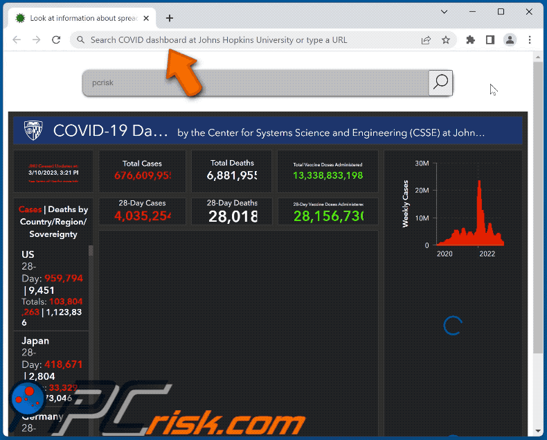 COVID Dashboard browser hijacker redirecting (via track.clickcrystal.com) to Bing (GIF)