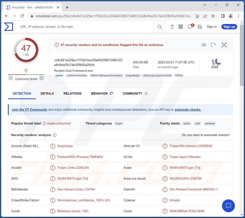 DotRunpeX malware detecties op VirusTotal