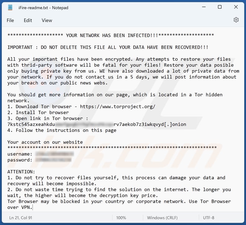 IceFire ransomware text file (iFire-readme.txt)