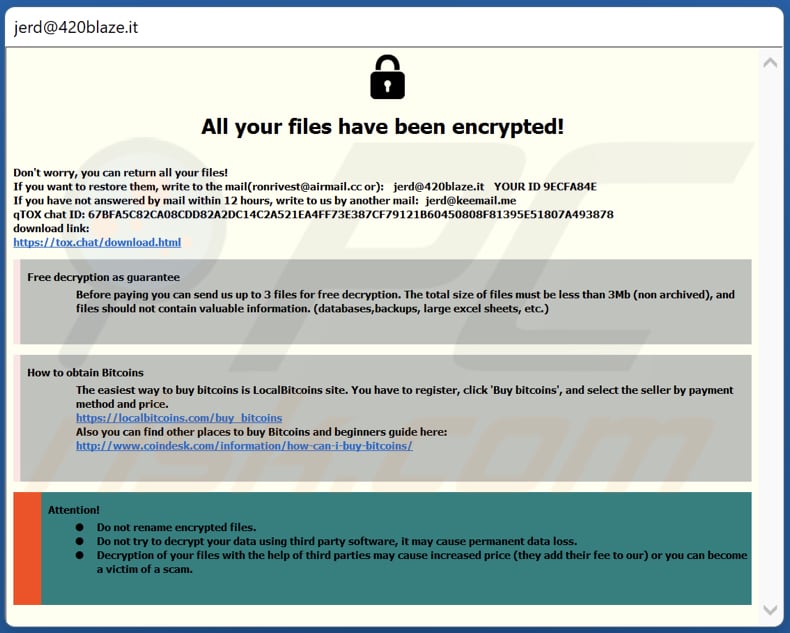 Jerd ransomware pop-up window