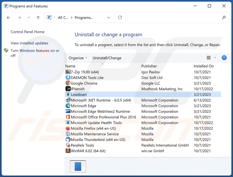 Lowdown adware verwijderen via Control Panel