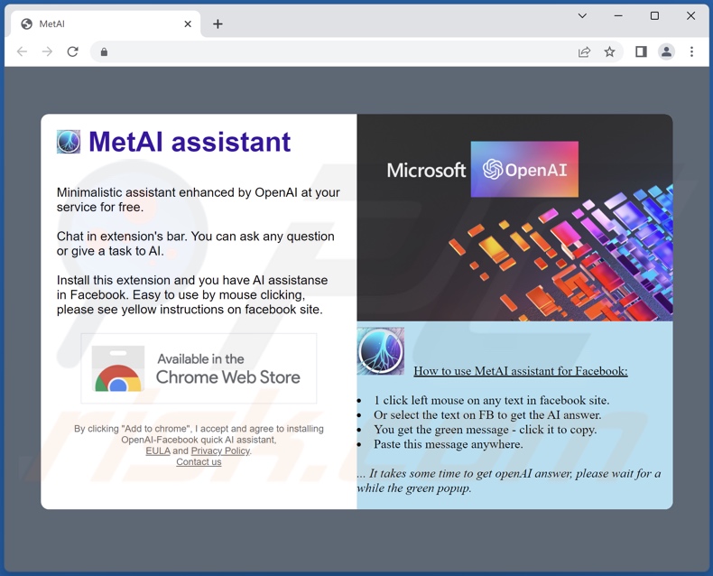 promotie website MetAI assistant adware