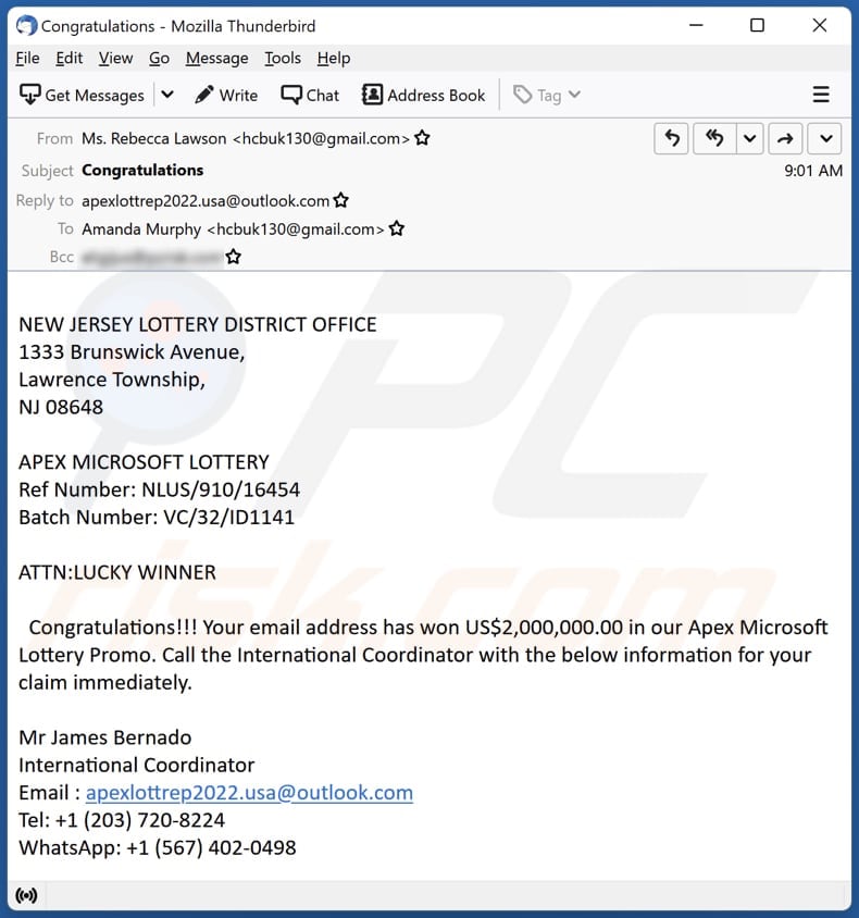 Microsoft Lottery email spam campaigne