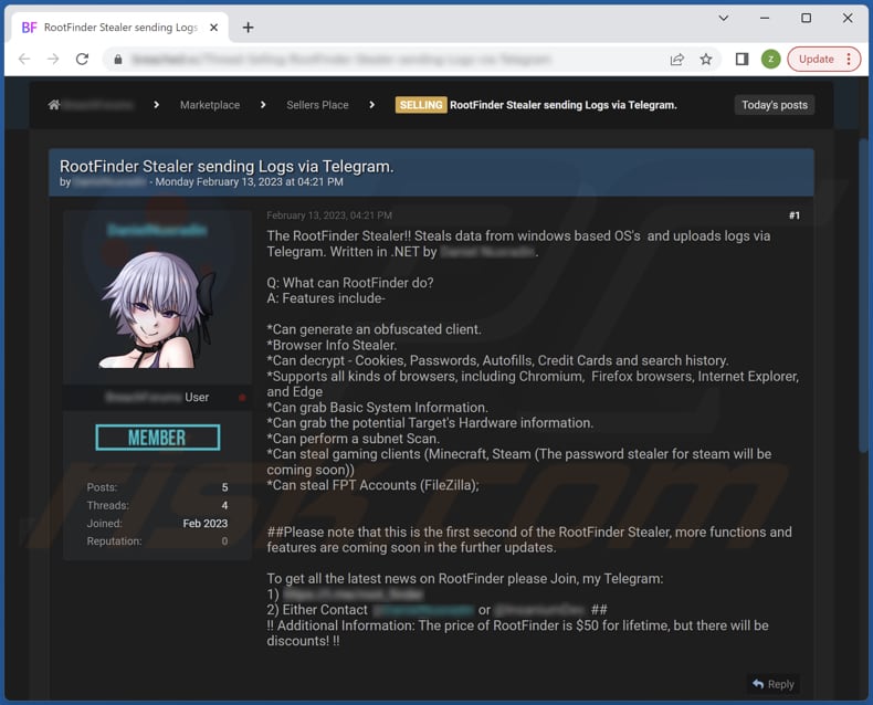 RootFinder-stealer gepromoot op een hackerforum