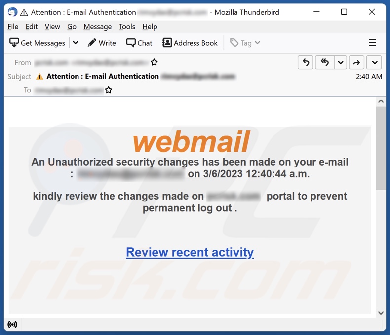 Webmail Security Changes email spam campaigne