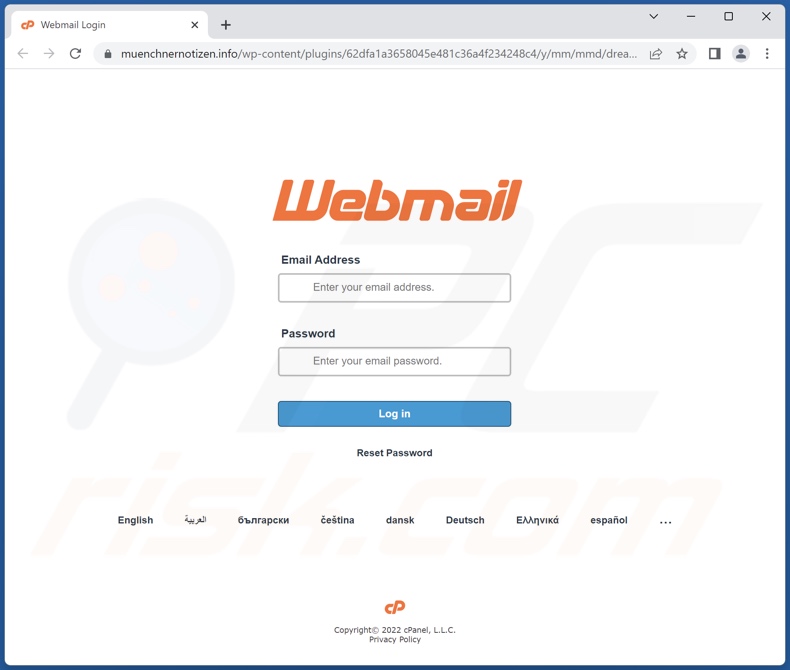 phishing-website gepromoot door de spamcampagne Webmail Security Changes