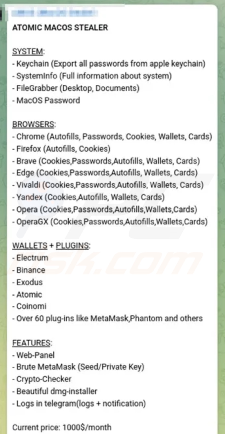 Atomic stealer promotie op Telegram