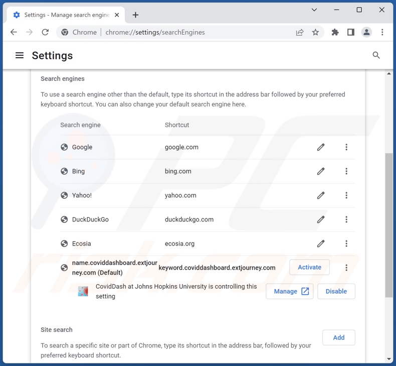 Removing coviddashboard.extjourney.com from Google Chrome default search engine