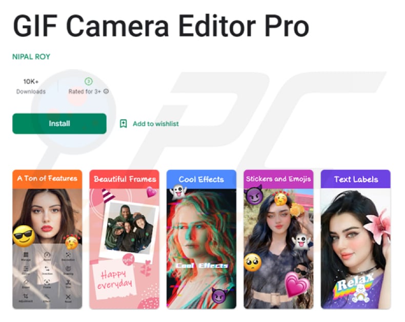Fleckpe trojan schadelijke app voorbeeld 2 (GIF Camera Editor Pro)