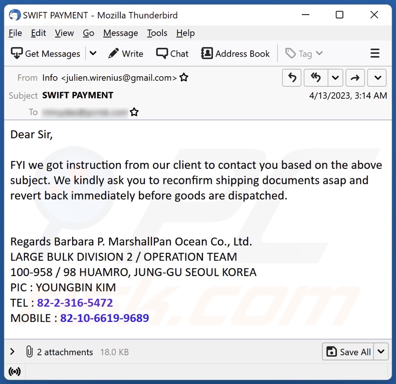 Reconfirm Shipping Documents email spam campaigne