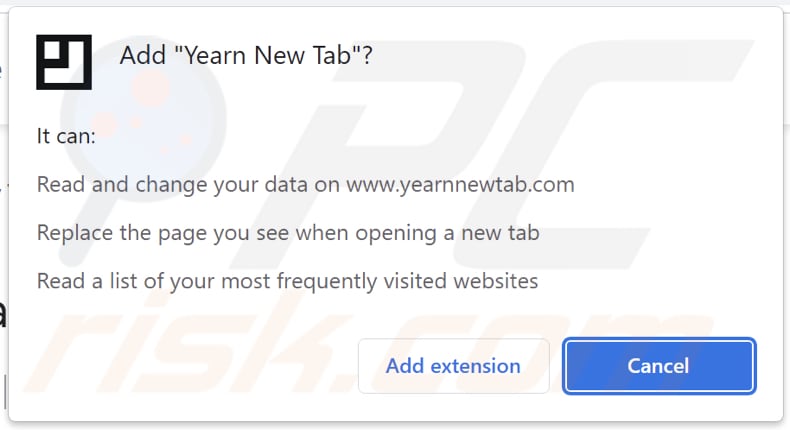 Yearn New Tab browser hijacker toestemming vragen
