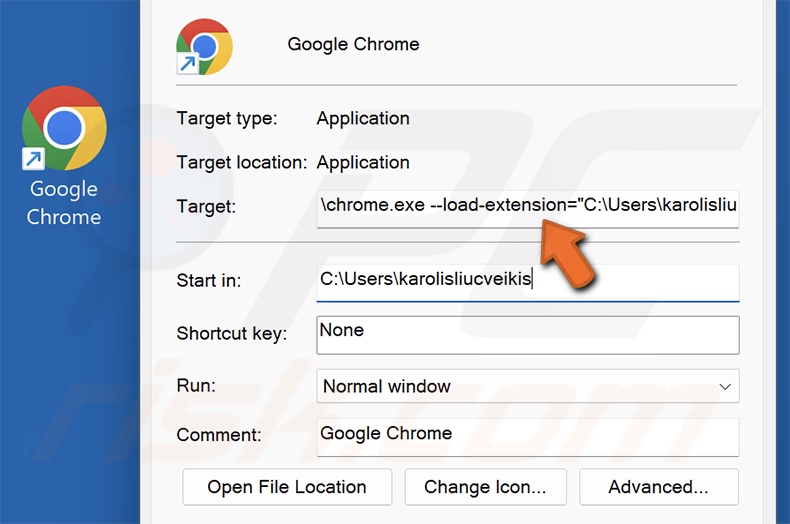 LNK-bestand gewijzigd door Chromium Extension-Loading Shortcut Virus