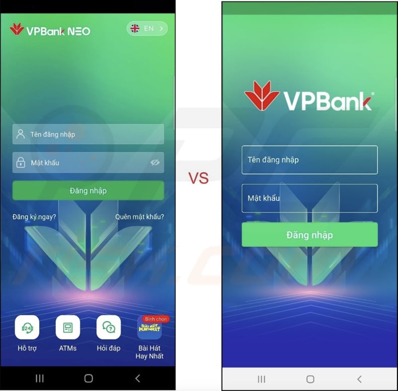 FluHorse malware legitieme VPBank-app aan de linkerkant versus nep-VPBank aan de rechterkant